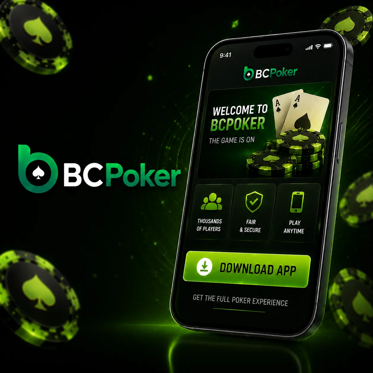 BC Poker mobile app with download button and poker interface.