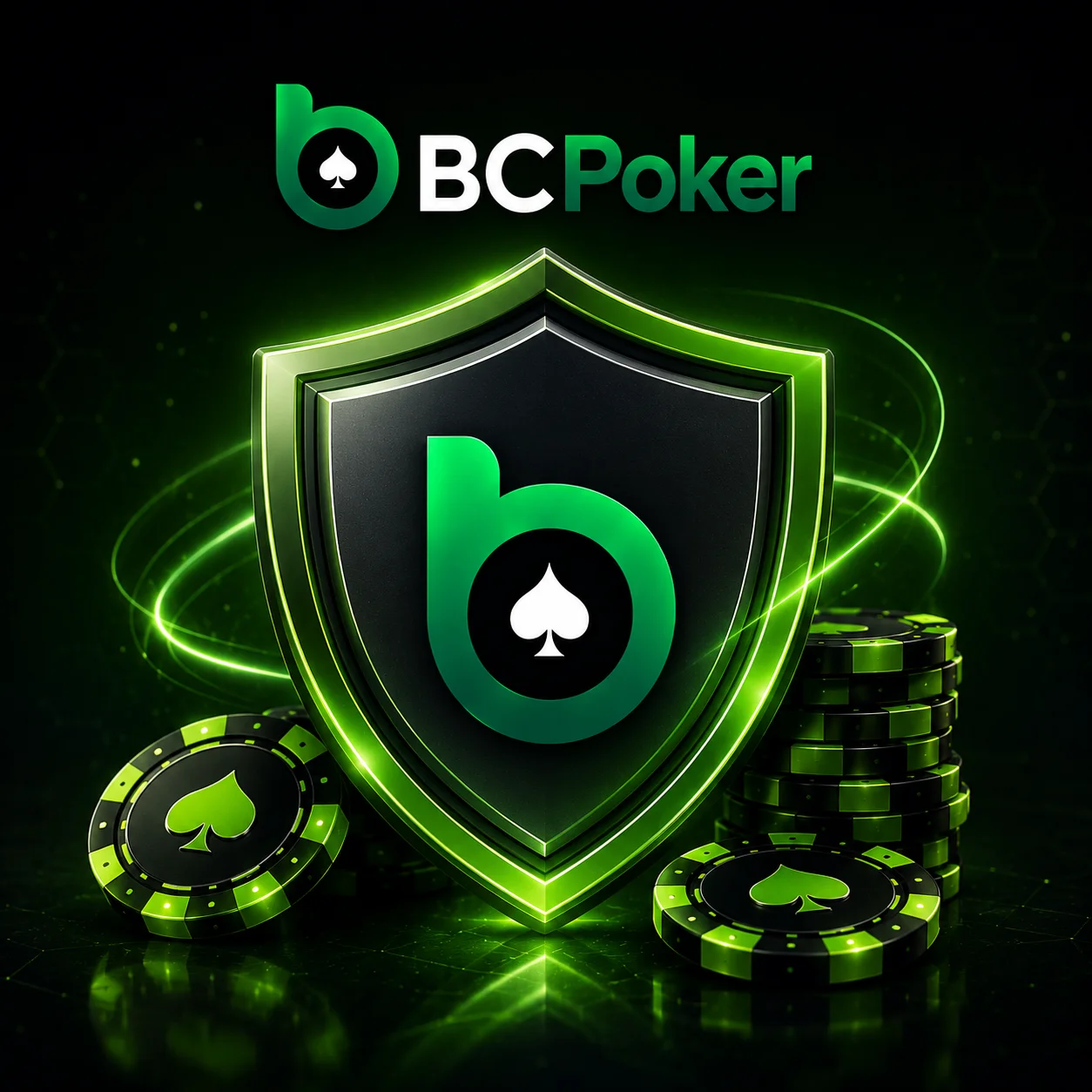 BC Poker security shield with poker chips in neon green style.