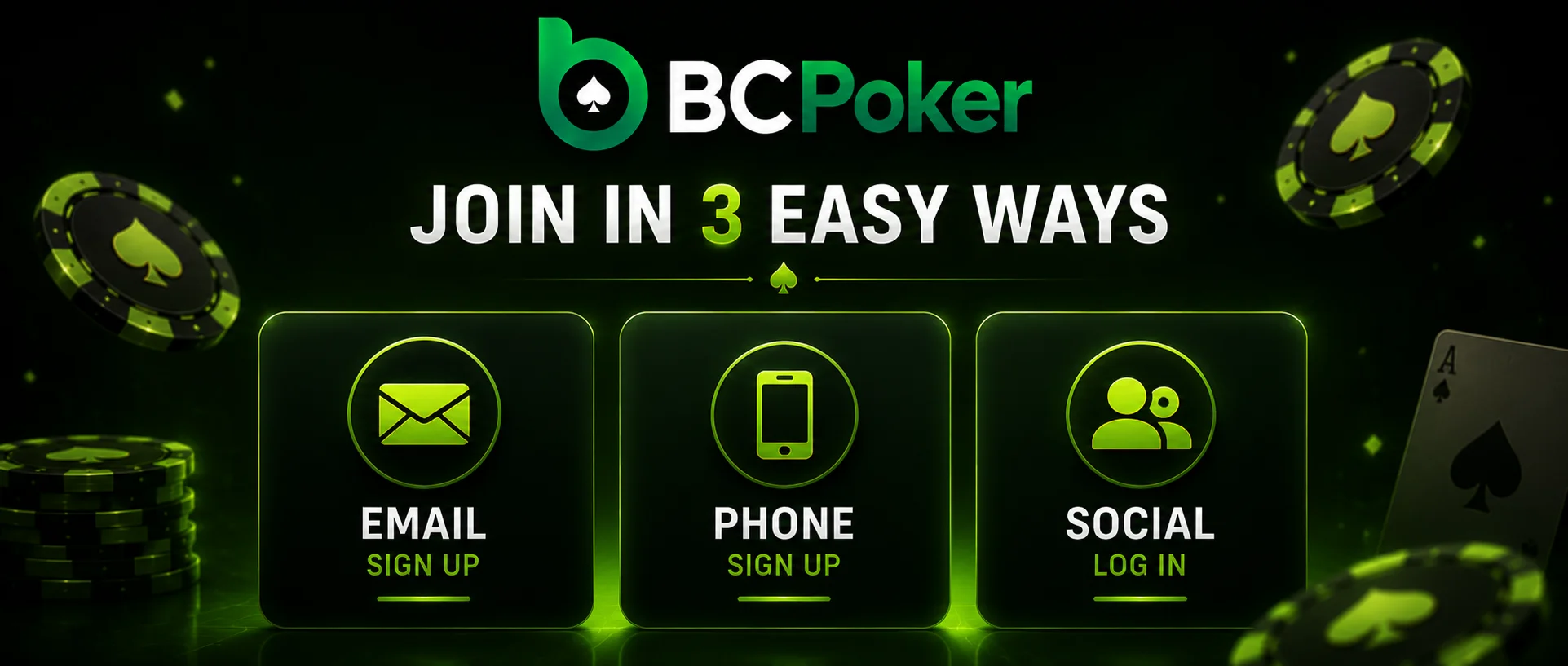 BC Poker registration options with email, phone and social login